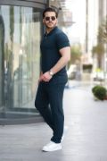 Erkek Yakalı Fermuarlı T-shirt Pantolon Ikili Rahat Takım resmi